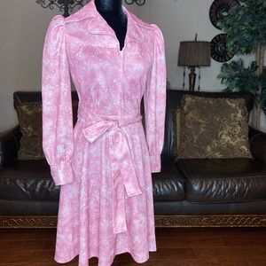 Vintage Pink Dress Sewn Long Sleeves Belted Zips Collar  [B]